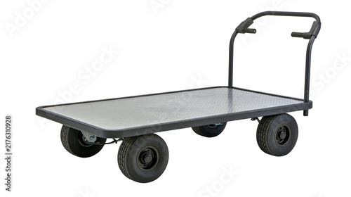Heavy duty flatbed platform cart with black steel frame and pneumatic tires
