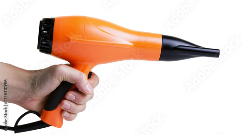 Hand holding an orange and black electric hair dryer with a concentrator nozzle