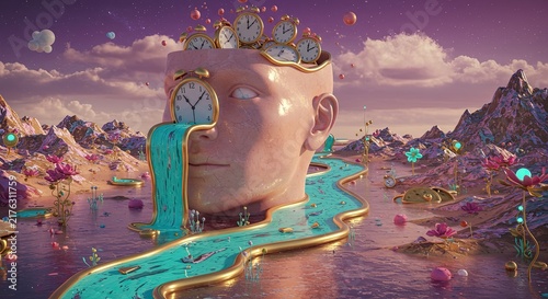 Surreal dreamlike fantasy human face landscape.