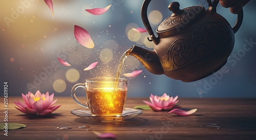 Tea being poured into cup with flowers.