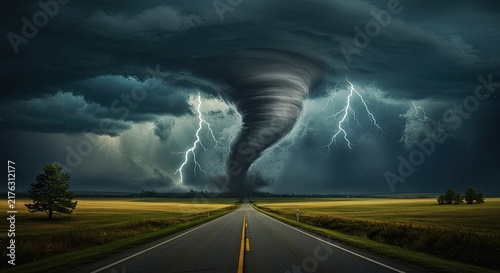 Tornado on a deserted country road.