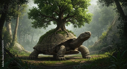 Tortoise walking under a tree forest.