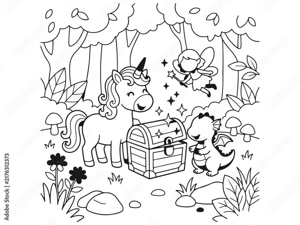 Fototapeta premium Whimsical cartoon unicorn and dragon with treasure chest in enchanted forest Vector