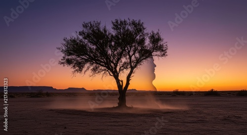 Tree standing alone in desert landscape.