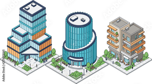 Modern isometric city buildings set with corporate office towers and residential apartment complex for urban architecture design