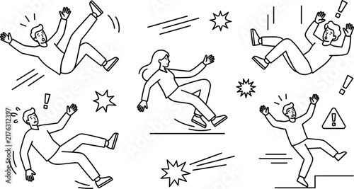 Fotografie People falling down line icon set containing accident safety elements like slipp