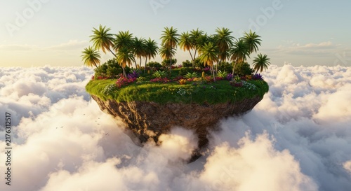 Tropical island floating above white clouds.