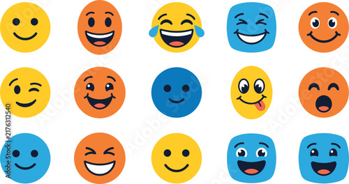 Colorful emoji emoticon face vector icon set with diverse happy smiling and laughing expressions