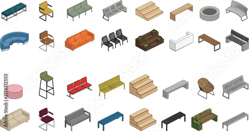 Modern isometric furniture collection with benches chairs sofas and tiered seating for urban architecture and interior design