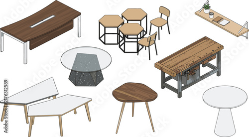 Modern isometric furniture collection with office desks coffee tables chairs and an industrial wooden workbench illustration