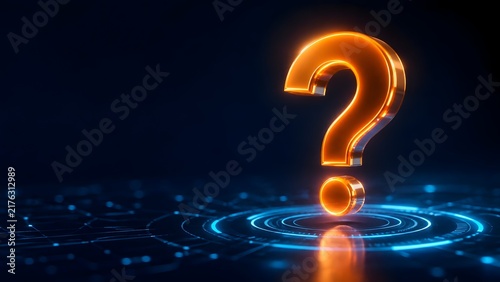 Glowing Orange 3D Question Mark Hovering Over a Blue Digital Network Surface Representing Technical Support and Inquiry