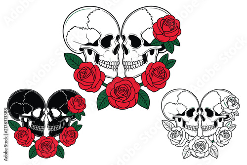 Skull lovers with red roses vector t-shirt illustration, romantic skull design, gothic floral artwork, vintage graphic, apparel print, craft

