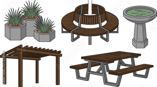 Outdoor garden and park furniture vector set including pergola picnic table circular tree bench planters and birdbath