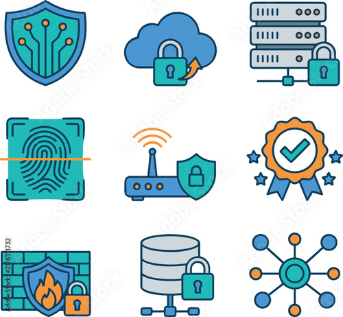 Professional flat vector icon set for cybersecurity cloud storage database protection server security and biometric data authentication