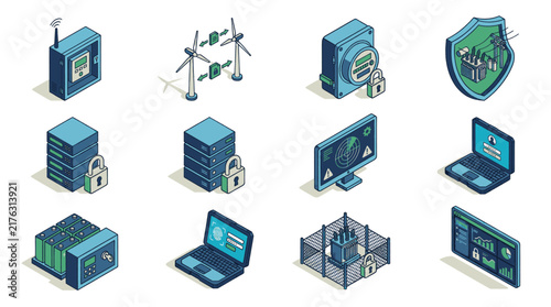 Set of isometric icons representing cybersecurity, data protection, and network security concepts.