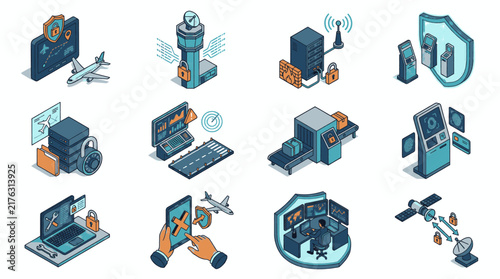 Set of isometric icons representing airport security and technology concepts, including data protection and surveillance.