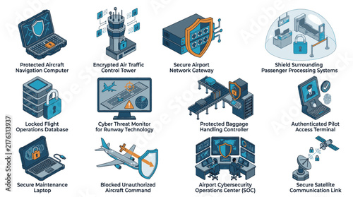 Collection of Cybersecurity and Airport Security Icons Illustrating Digital Protection Measures.