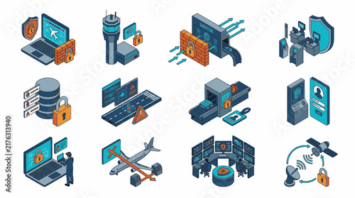 Airport security and aviation technology isometric icons set.