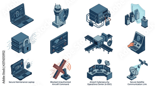 Collection of Isometric Icons Representing Cybersecurity and Network Security Concepts.