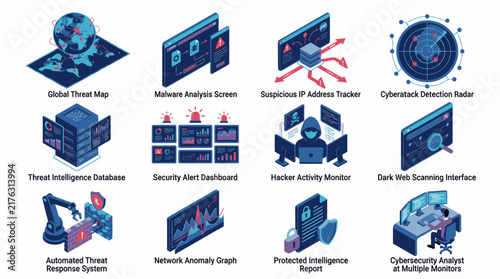 Collection of Cybersecurity Icons and Concepts Illustrating Digital Security and Threat Detection.
