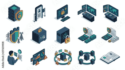 Collection of isometric icons representing cybersecurity and data protection concepts.