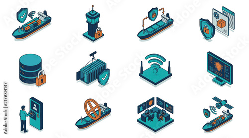 Set of isometric icons representing maritime logistics, security, and technology in shipping and port operations.