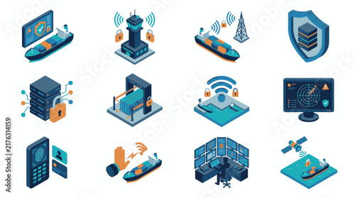 Set of isometric icons representing maritime security and logistics technology.