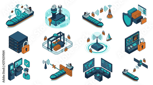 Isometric Icons Representing Cybersecurity and Data Protection in Logistics and Technology.