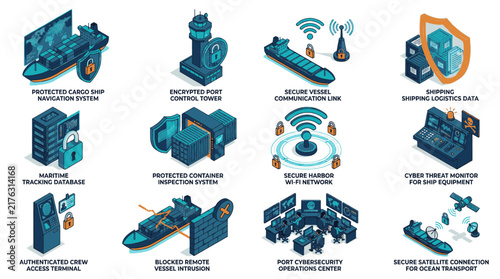 Set of isometric icons representing maritime security and logistics systems.
