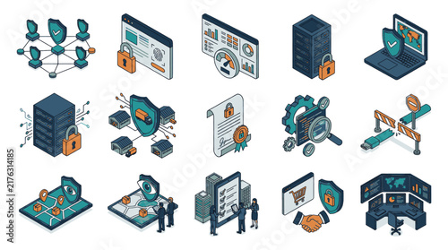 Set of isometric icons representing cybersecurity, data protection, and network security concepts.