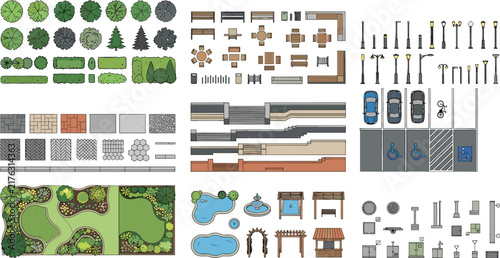 Professional collection of landscape architecture and urban design elements for site plans and garden layout design