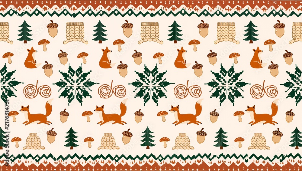 Winter Forest Pattern Background with Foxes and Snowflakes