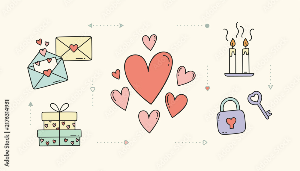 Naklejka premium Sweet romantic vector illustration collection featuring hearts love letters and candlelit decorative items.