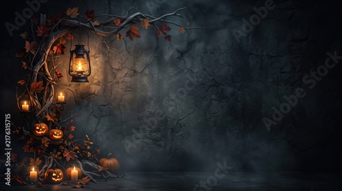 A vintage lantern and glowing jack-o-lanterns adorn decorative branches and autumn leaves, creating a spooky, dark halloween interior wall background with floor and copy space