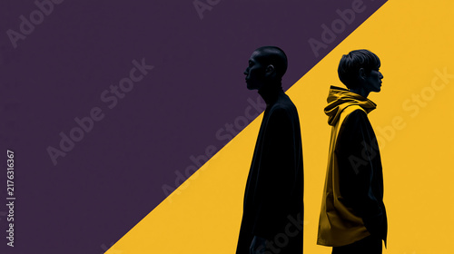 Two people silhouette standing side by side against purple and yellow background