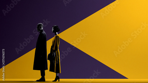 Two people silhouette standing against geometric purple and yellow background