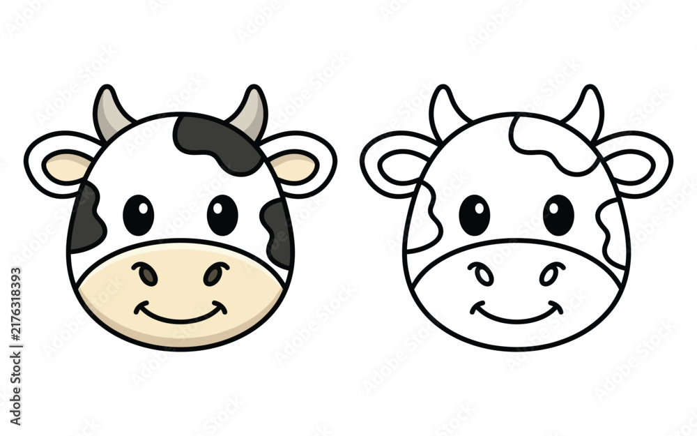Obraz premium Cute cartoon cow head vector illustration featuring colored and black and white outline versions
