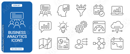 Set of business analytics line icons, including data visualization, strategy, reporting, and cloud computing symbols