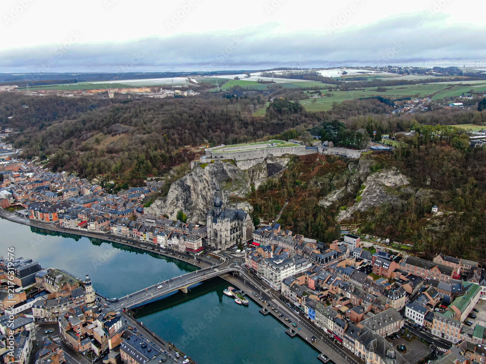 Fototapeta premium Dinant city overview, meuse river, citadel and collegiate church