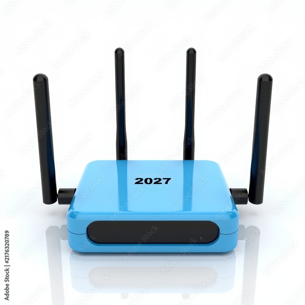 Fototapeta premium Modern blue wireless router 2027 with four antennas isolated on white background for fast internet connection and future home networking technology