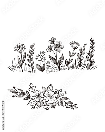 Stylized flowers, sketch on white background