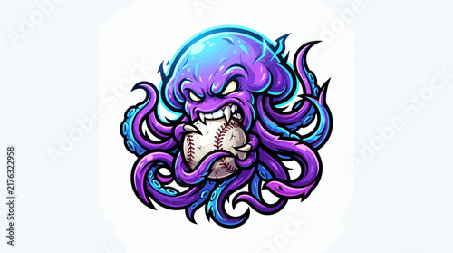 Aggressive purple octopus mascot with sharp fangs gripping a baseball, rendered in a vibrant cartoon style with glowing blue accents.