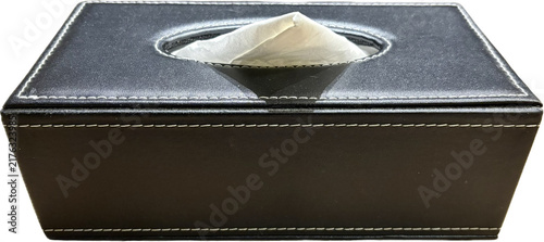 isolated Black leather tissue box holder with white stitching detail, for modern interior design and home decor
