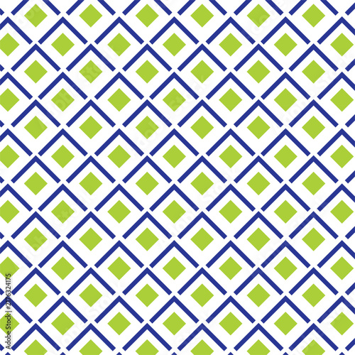 Lattice-style repeating pattern, diamond shapes, Royal blue outlines, lime green accents, chevrons pointing upward, diagonal grid, cool blue and vibrant green tones, swapped or inverted, geometric