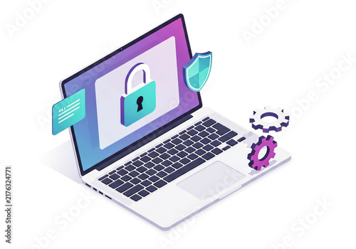 Laptop computer with security lock and gear icons