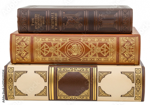 Stack of three antique vintage books with gold ornaments