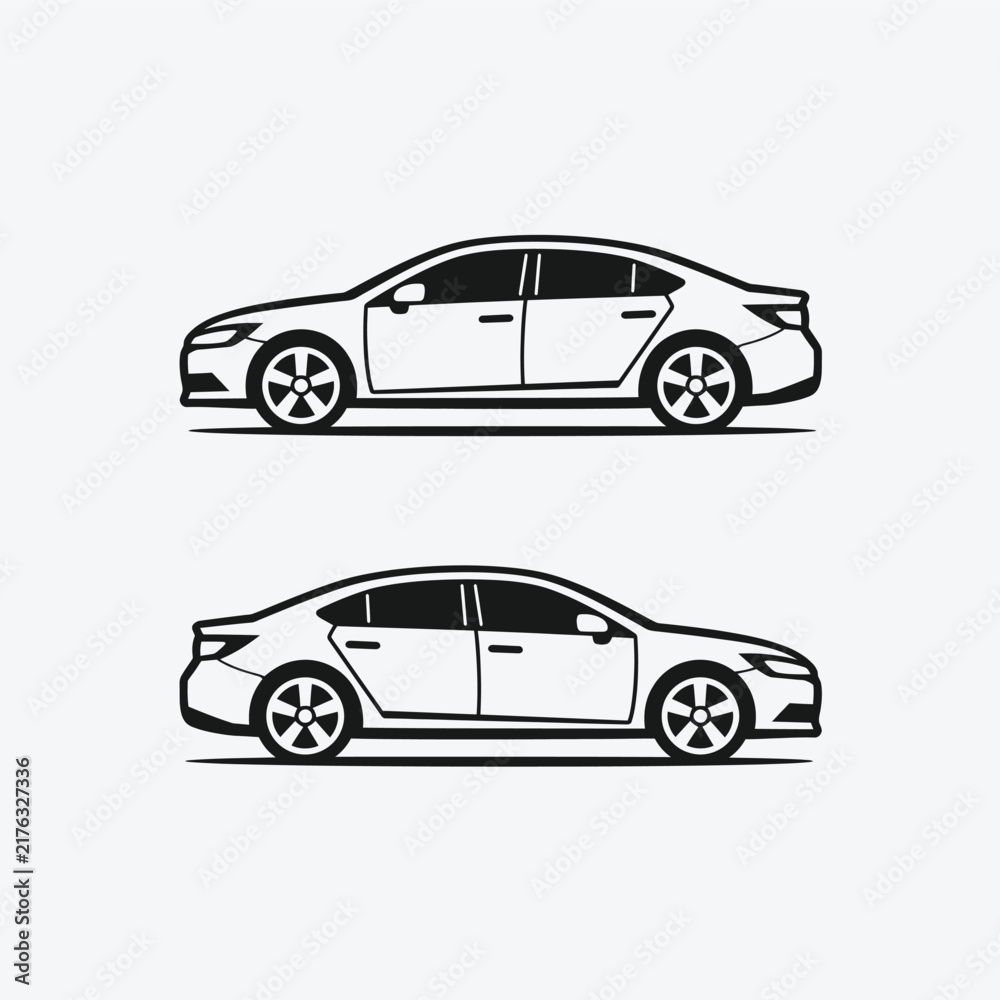 Naklejka premium Modern car vector illustration, side view of a sleek sedan sedan or passenger vehicle, minimalist style design.