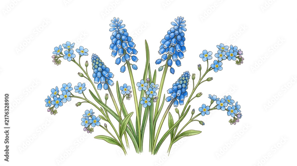 Fototapeta premium Watercolor illustration of blue forget me not flowers