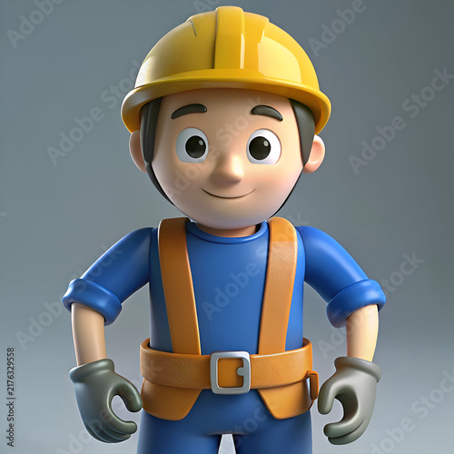 Cartoon construction worker in safety gear. standing confidently against a neutral background. Friendly character in work attire with construction site location.