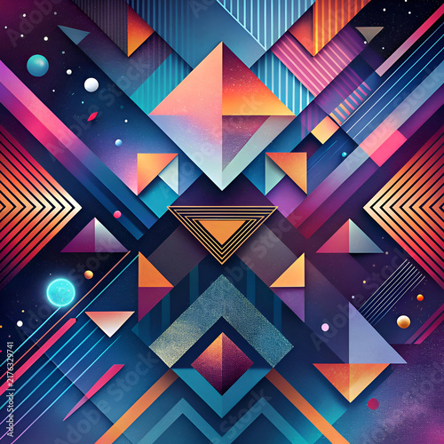 Abstract geometric shapes with vibrant colors in a modern design. Dynamic composition of triangles. squares. and lines in a space-themed backdrop.